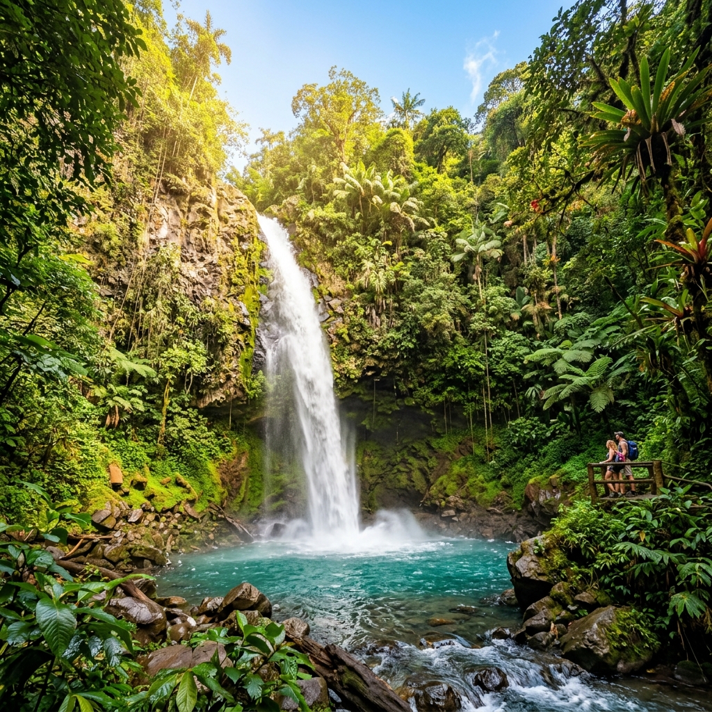 Tropical waterfall in lush Costa Rica jungle
