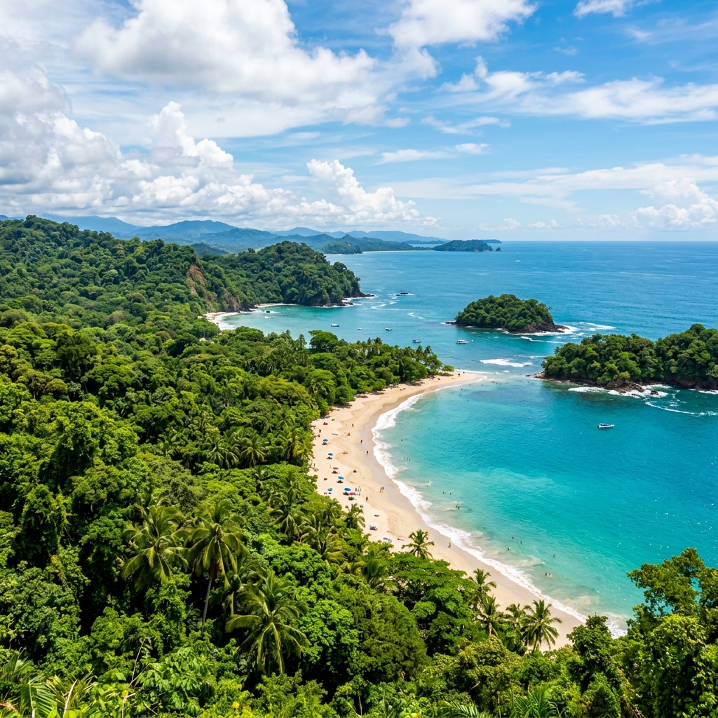 Tropical Costa Rica beach with palm trees and lush green jungle