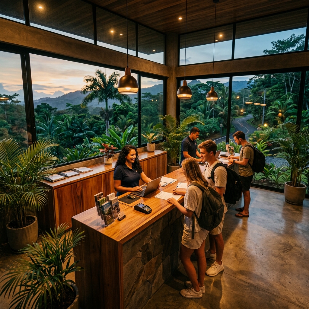 Car rental office in Costa Rica at dusk